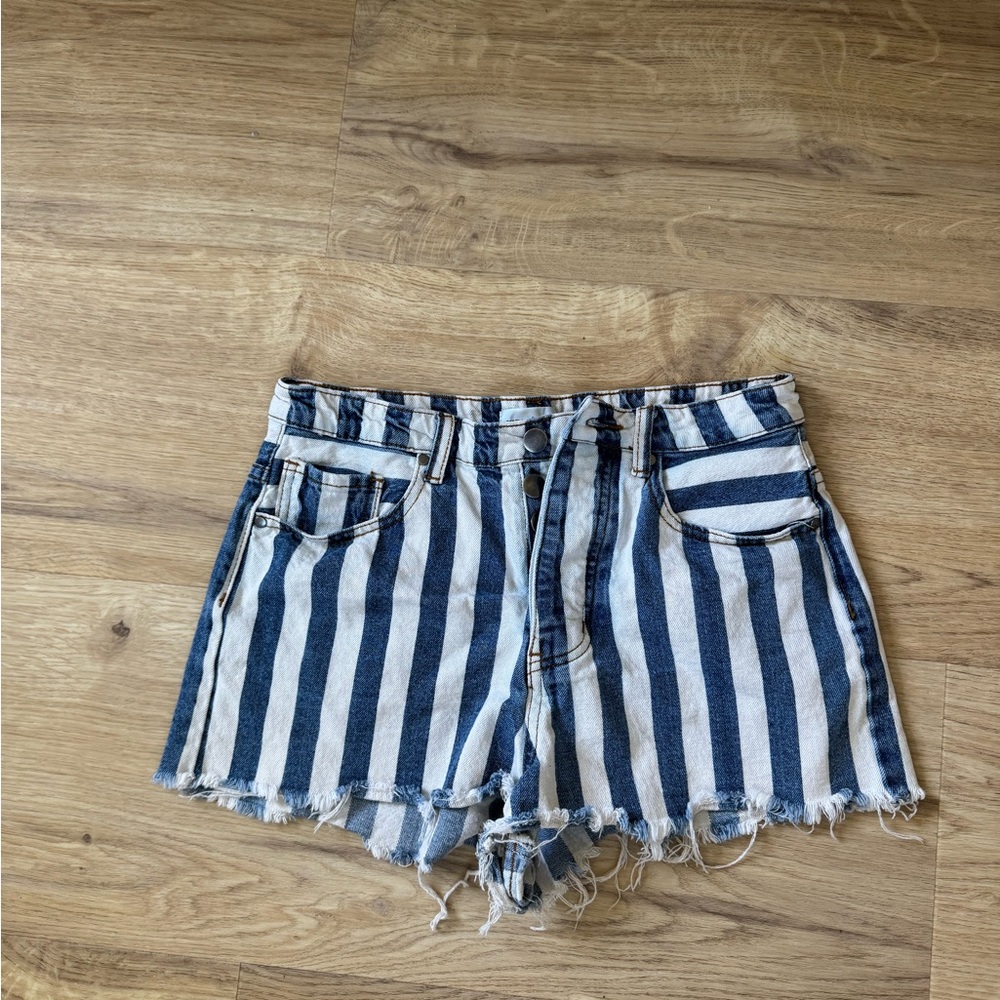 superdown Blue and White Striped Jean Shorts